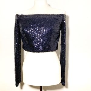 Navy Sequin Off-Shoulder Long Sleeve Crop Top Women’s Size 2 Party Glam